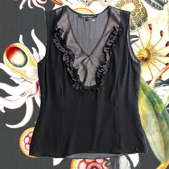 Lida Baday Black Silk Top Ruffle Metallic detail Sheer Back V-neck Sleeveless - Picture 1 of 7